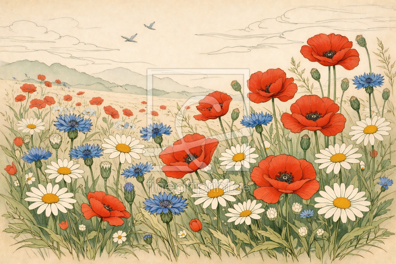 Bild-Nr.: 12939719 Sommerliches Blütenmeer im Vintage-Stil KI erstellt von gabii40