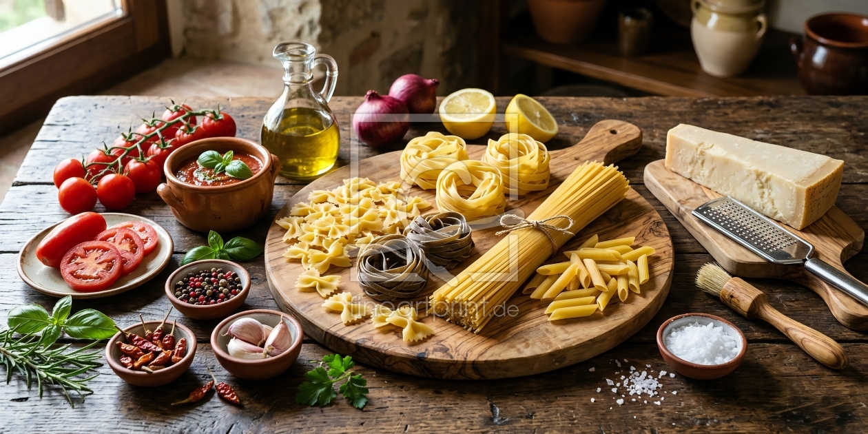 Bild-Nr.: 12961197 Mediterrane Pasta-Zutaten auf Holztisch KI erstellt von gabii40