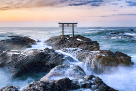 Japanisches Torii am Meer mit Sonnenlicht/11810476