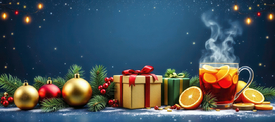 Weihnachtsbanner mit Geschenken und Punsch KI/12921329