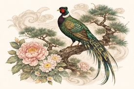 Der Grüne Fasan im Kiefernzweig KI/12941842