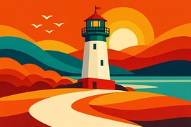 Leuchtturm-Idylle bei Sonnenuntergang KI/12952341