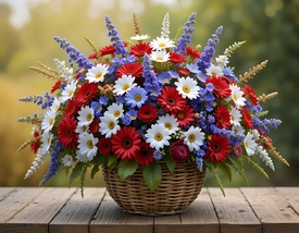 Farbenfroher Sommerblumenstrauß im Weidenkorb/12958469
